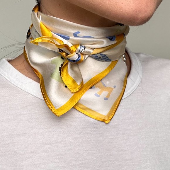 Blue&Yellow&Cream Toy Pure Silk Square Scarf - Picture 5 of 5